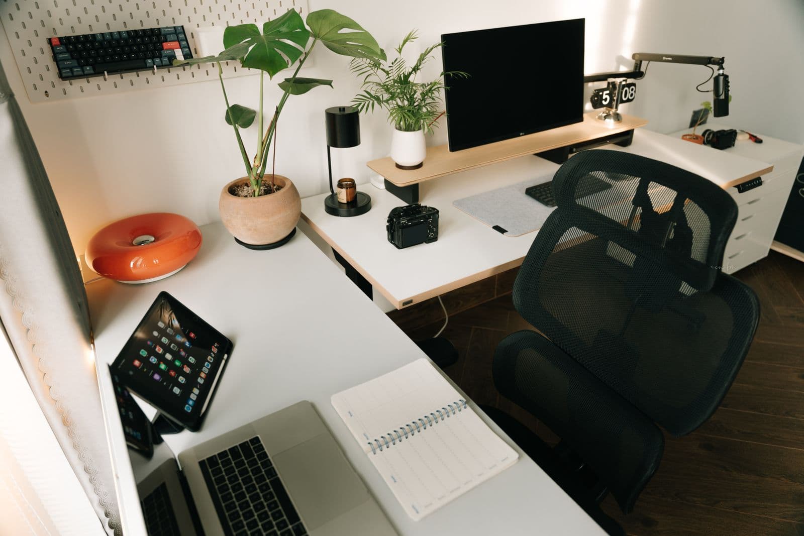 A home office desk with a monitor, tablet and plants in natural light